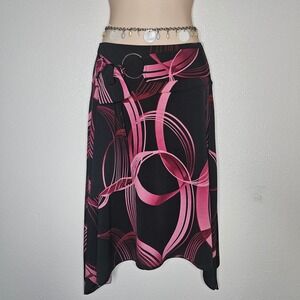 Tempted Vintage Y2K Pink Black Swirl Handkerchief Hem Midi Skirt